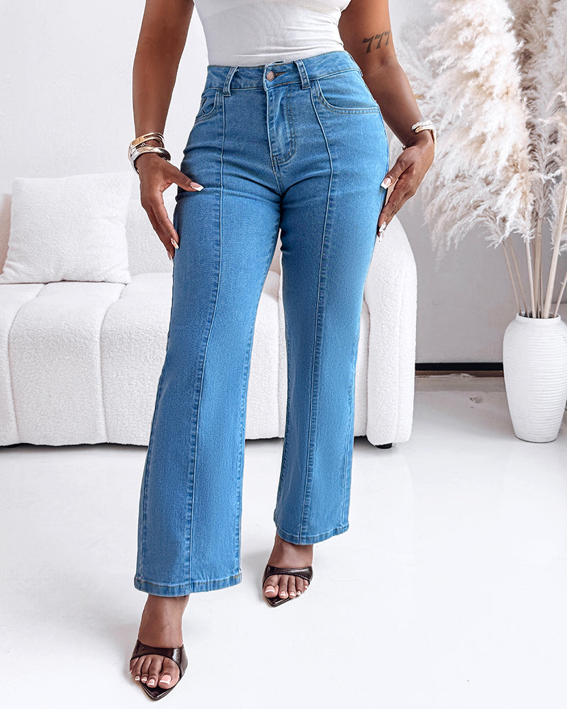 High Waist Straight Leg Seam Front Zip Casual Jeans