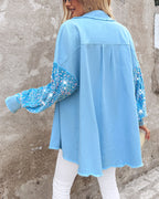 Raw Hem Sequin Patchwork Denim Shacket with Button Front