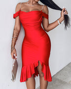 Pearl-Strap Cowl Neck Bodycon Dress with Ruffled Hem
