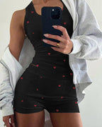 2-Piece Heart Pattern Ribbed Tank Top & Shorts Sleep Set