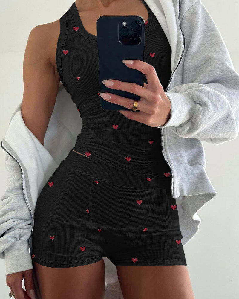 2-Piece Heart Pattern Ribbed Tank Top & Shorts Sleep Set