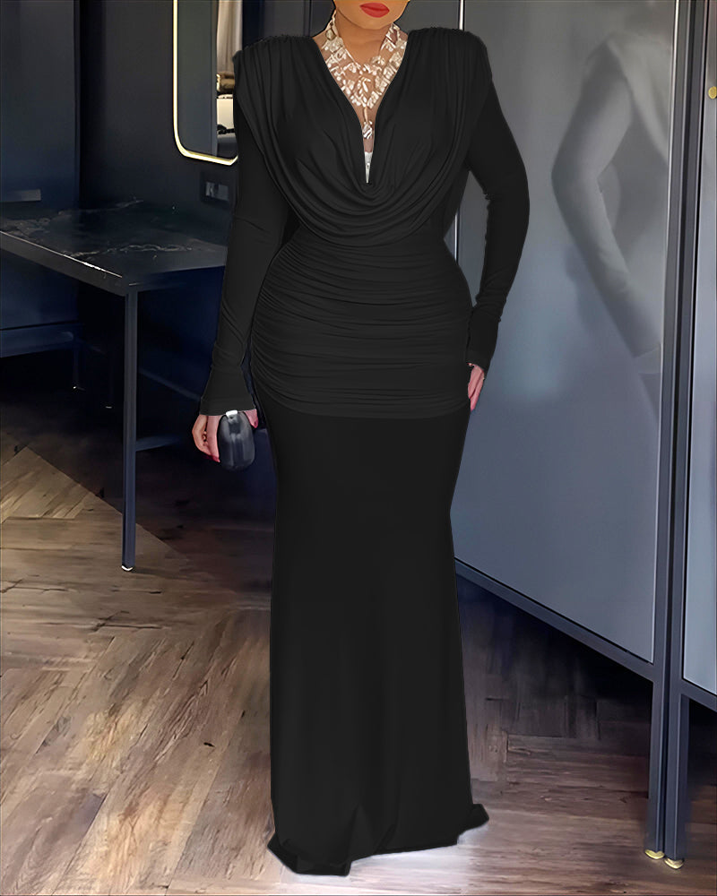 Padded Shoulder Cowl Neck Ruched Backless Maxi Dress