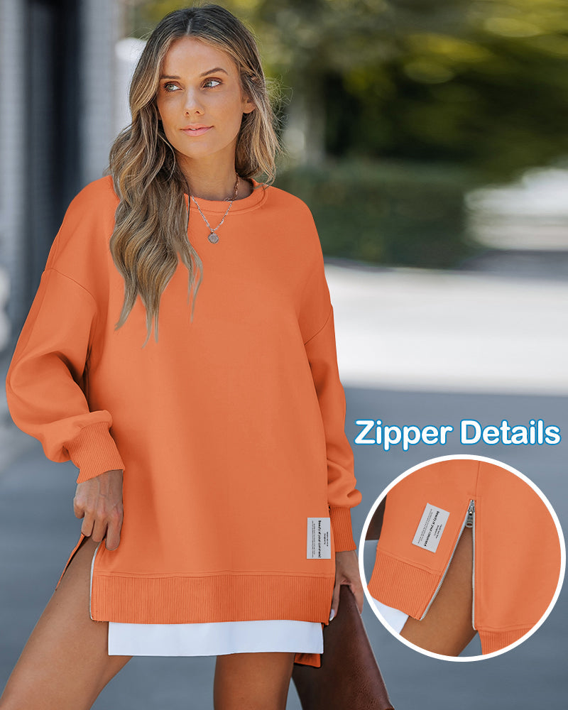 Drop Shoulder Zip-Side Long Sleeve Pullover with Slit Detail.