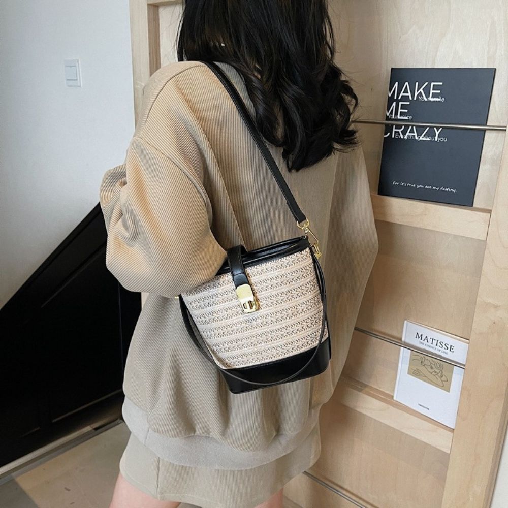 Straw bucket crossbody bag