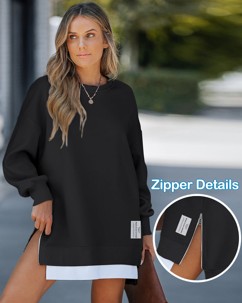 Drop Shoulder Zip-Side Long Sleeve Pullover with Slit Detail.