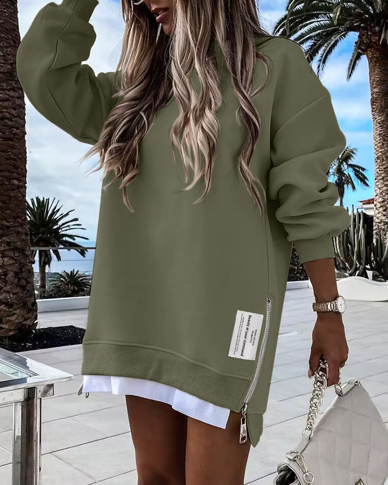 Drop Shoulder Zip-Side Long Sleeve Pullover with Slit Detail.