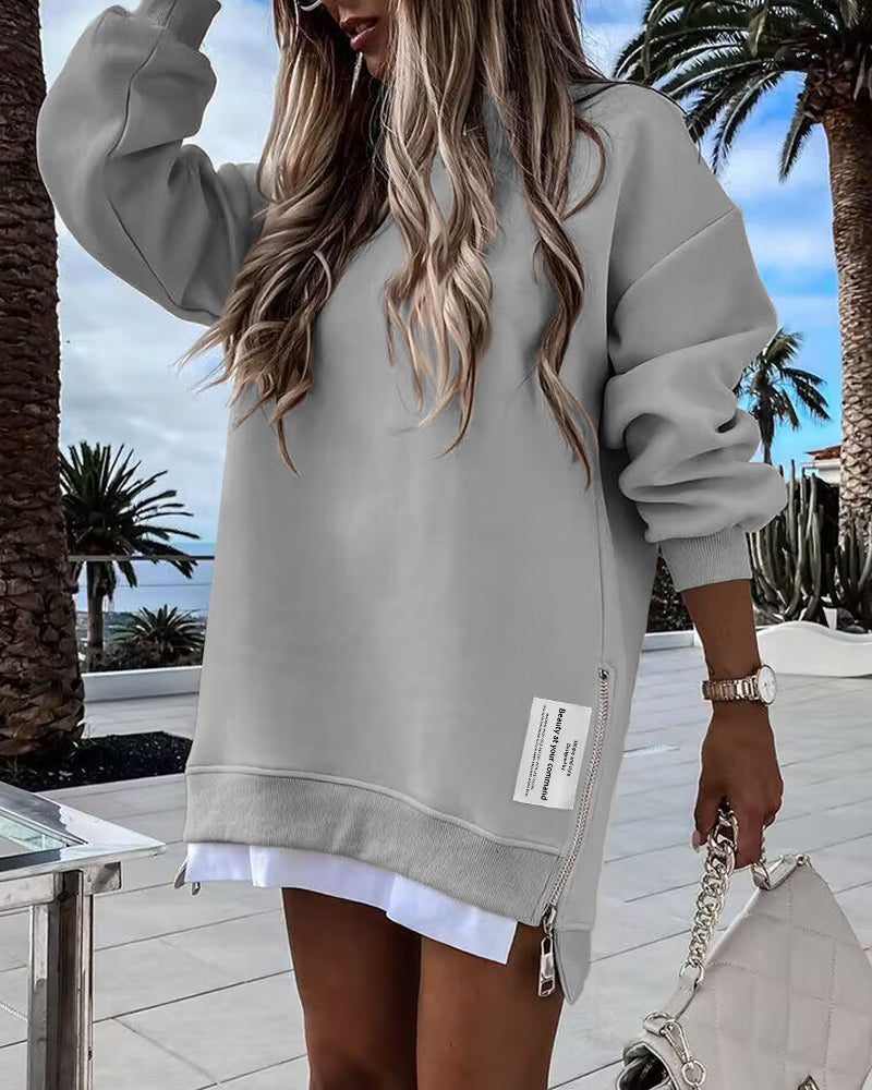Drop Shoulder Zip-Side Long Sleeve Pullover with Slit Detail.