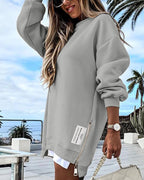Drop Shoulder Zip-Side Long Sleeve Pullover with Slit Detail.