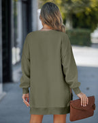 Drop Shoulder Zip-Side Long Sleeve Pullover with Slit Detail.