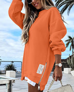 Drop Shoulder Zip-Side Long Sleeve Pullover with Slit Detail.