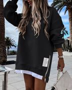Drop Shoulder Zip-Side Long Sleeve Pullover with Slit Detail.
