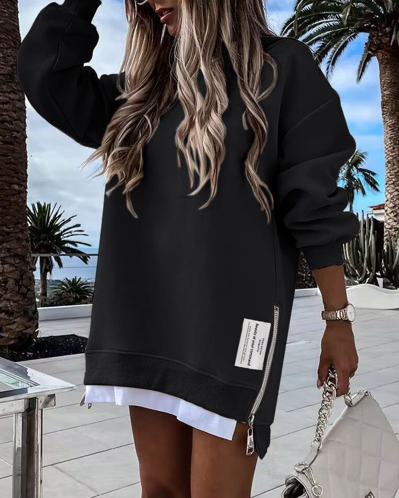 Drop Shoulder Zip-Side Long Sleeve Pullover with Slit Detail.