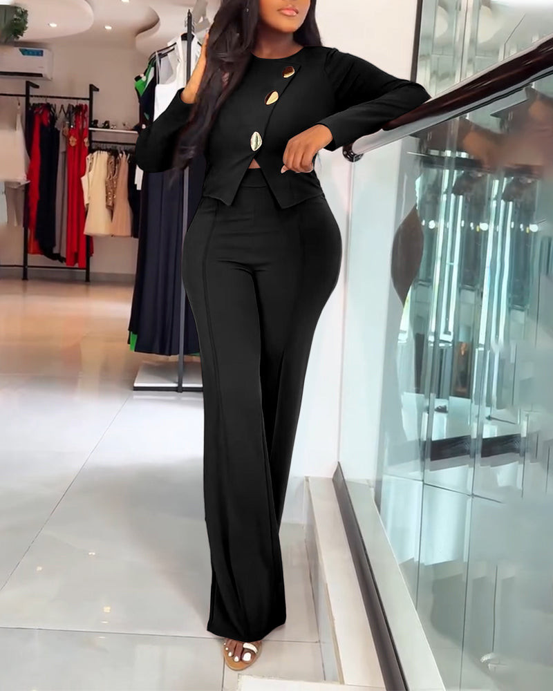 Golden Button Front Overalls with Zip-Back Two-Piece Jumpsuit