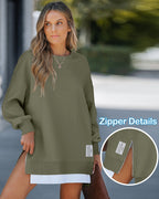 Drop Shoulder Zip-Side Long Sleeve Pullover with Slit Detail.