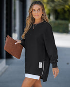 Drop Shoulder Zip-Side Long Sleeve Pullover with Slit Detail.