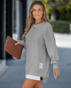 Drop Shoulder Zip-Side Long Sleeve Pullover with Slit Detail.
