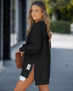 Drop Shoulder Zip-Side Long Sleeve Pullover with Slit Detail.