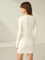 Textured Ribbed Crewneck Long-Sleeve Sweater Dress