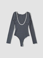 Striped Long Sleeve Bodysuit with Open Back Design
