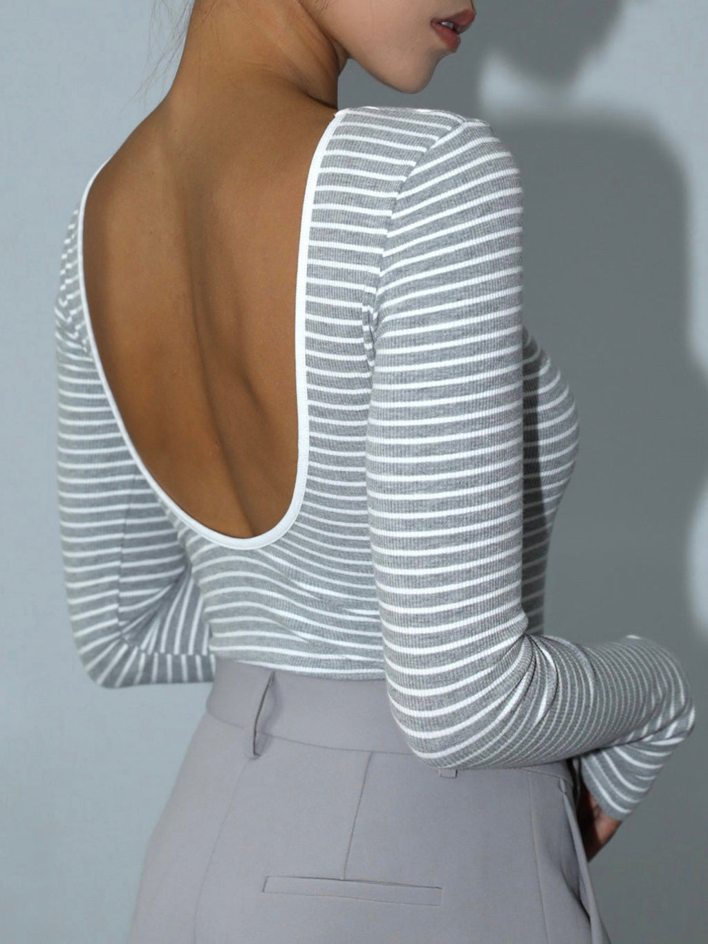 Striped Long Sleeve Bodysuit with Open Back Design