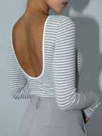 Striped Long Sleeve Bodysuit with Open Back Design