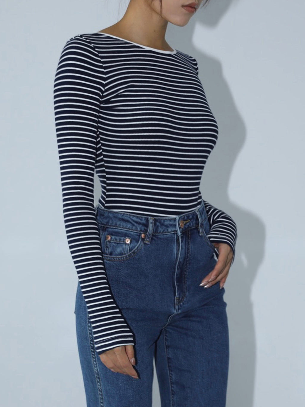 Striped Long Sleeve Bodysuit with Open Back Design