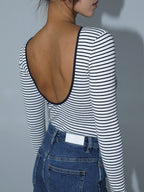 Striped Long Sleeve Bodysuit with Open Back Design