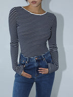 Striped Long Sleeve Bodysuit with Open Back Design