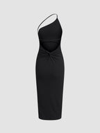 Asymmetrical Strap Midi Dress with Open Back Design