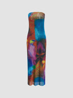 Strapless Midi Dress in Tulle and Printed Mesh