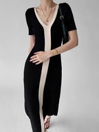 Two-Tone V-Neck Slit Midi Knit Dress