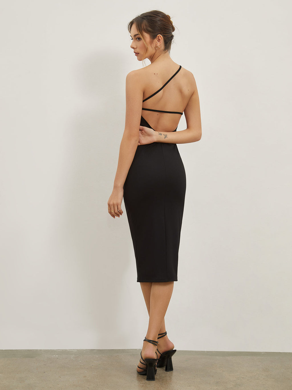 Asymmetrical Strap Midi Dress with Open Back Design