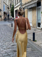 Moonlight Satin Long Dress with Open Back Slit