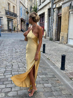 Moonlight Satin Long Dress with Open Back Slit