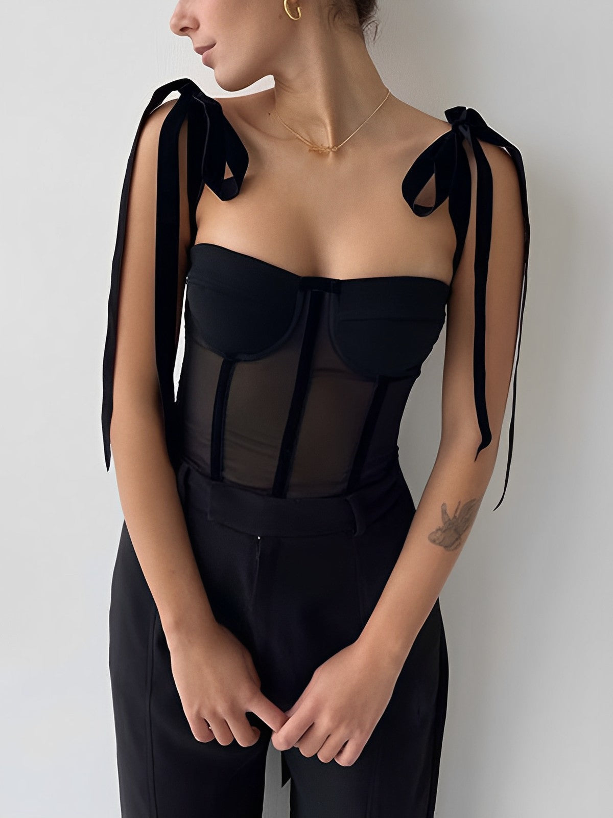 Mesh Tie-Up Cami Crop Top, Semi-Sheer
