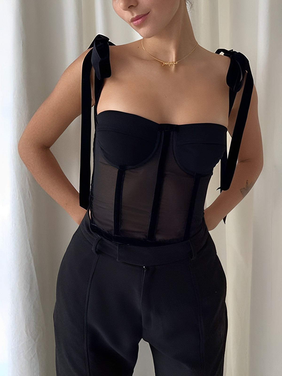 Mesh Tie-Up Cami Crop Top, Semi-Sheer