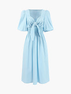 Linen-Cotton Midi Dress with Front Tie Detail
