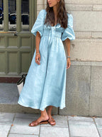 Linen-Cotton Midi Dress with Front Tie Detail