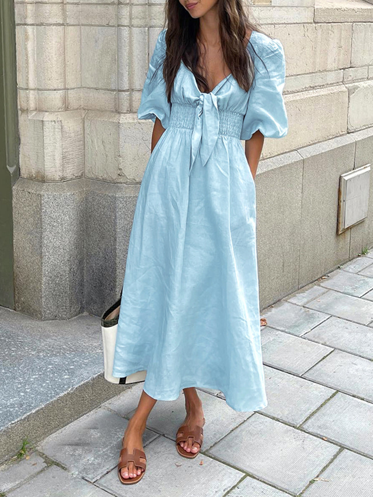 Linen-Cotton Midi Dress with Front Tie Detail