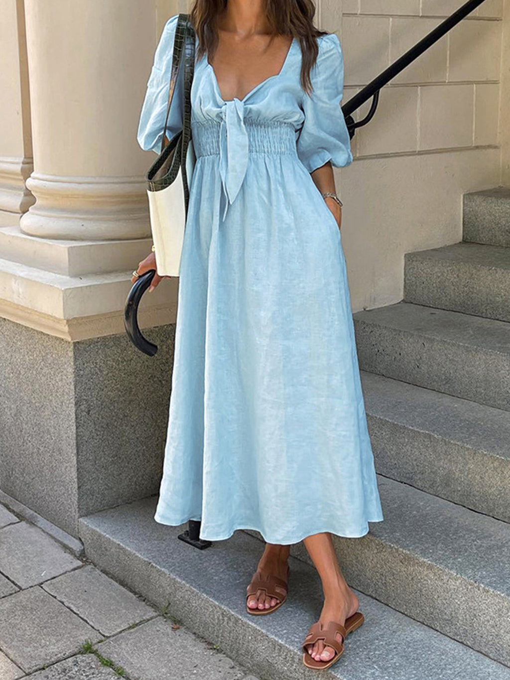 Linen-Cotton Midi Dress with Front Tie Detail