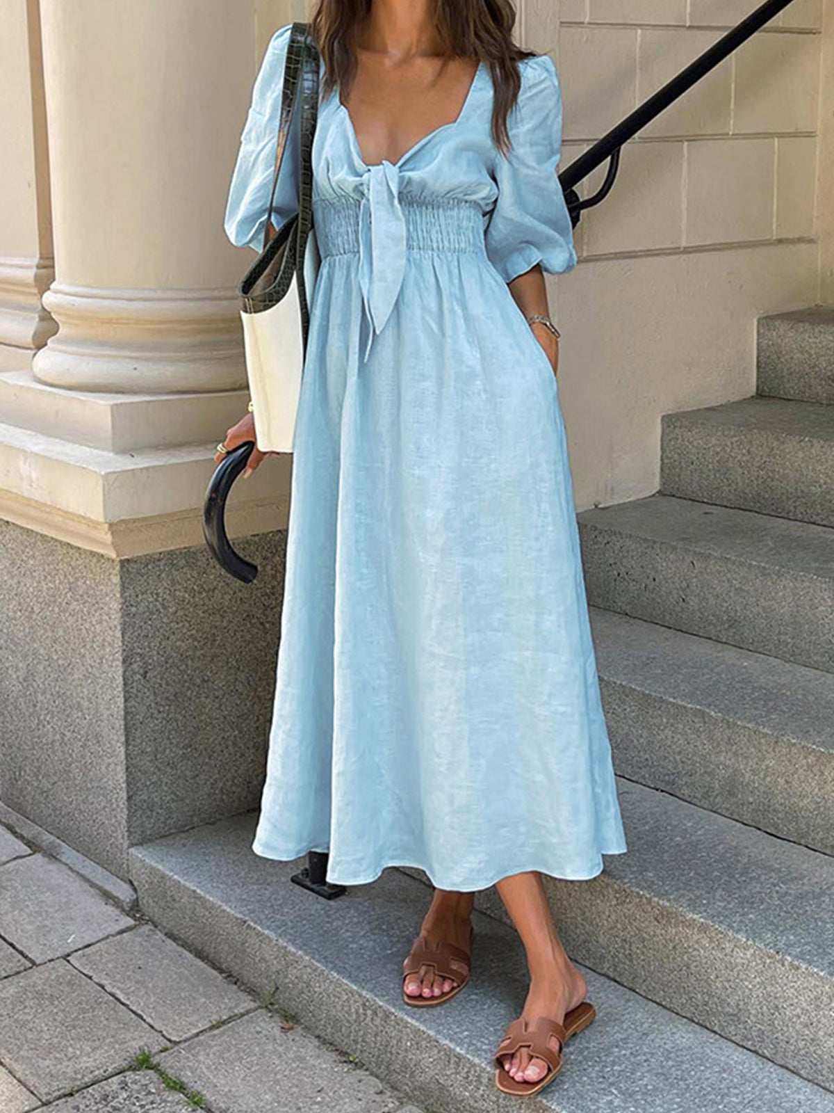 Linen-Cotton Midi Dress with Front Tie Detail