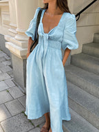 Linen-Cotton Midi Dress with Front Tie Detail