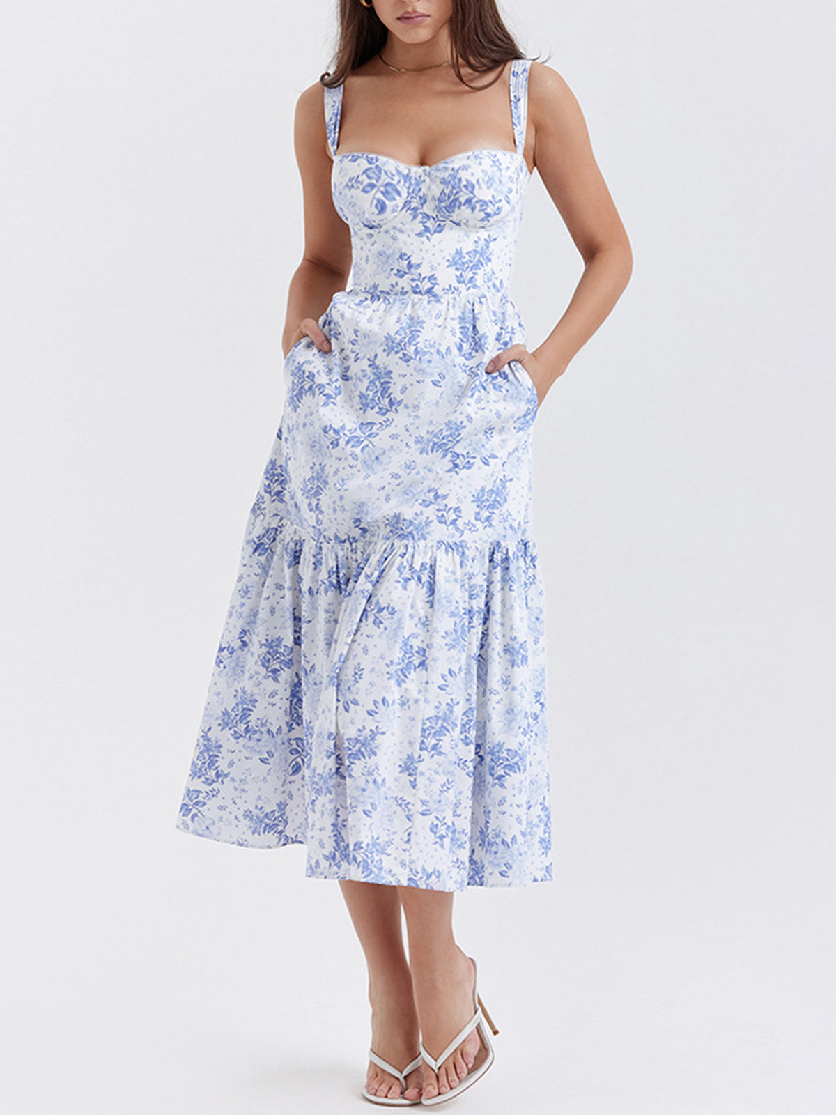 Floral Long Dress with Zippered Pockets