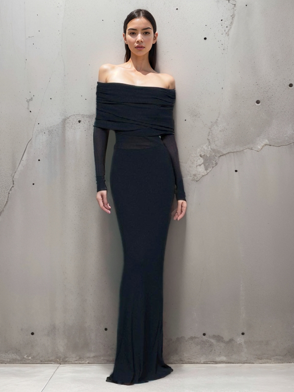 Semi-Sheer Mesh Long Sleeve Off-Shoulder Maxi Dress