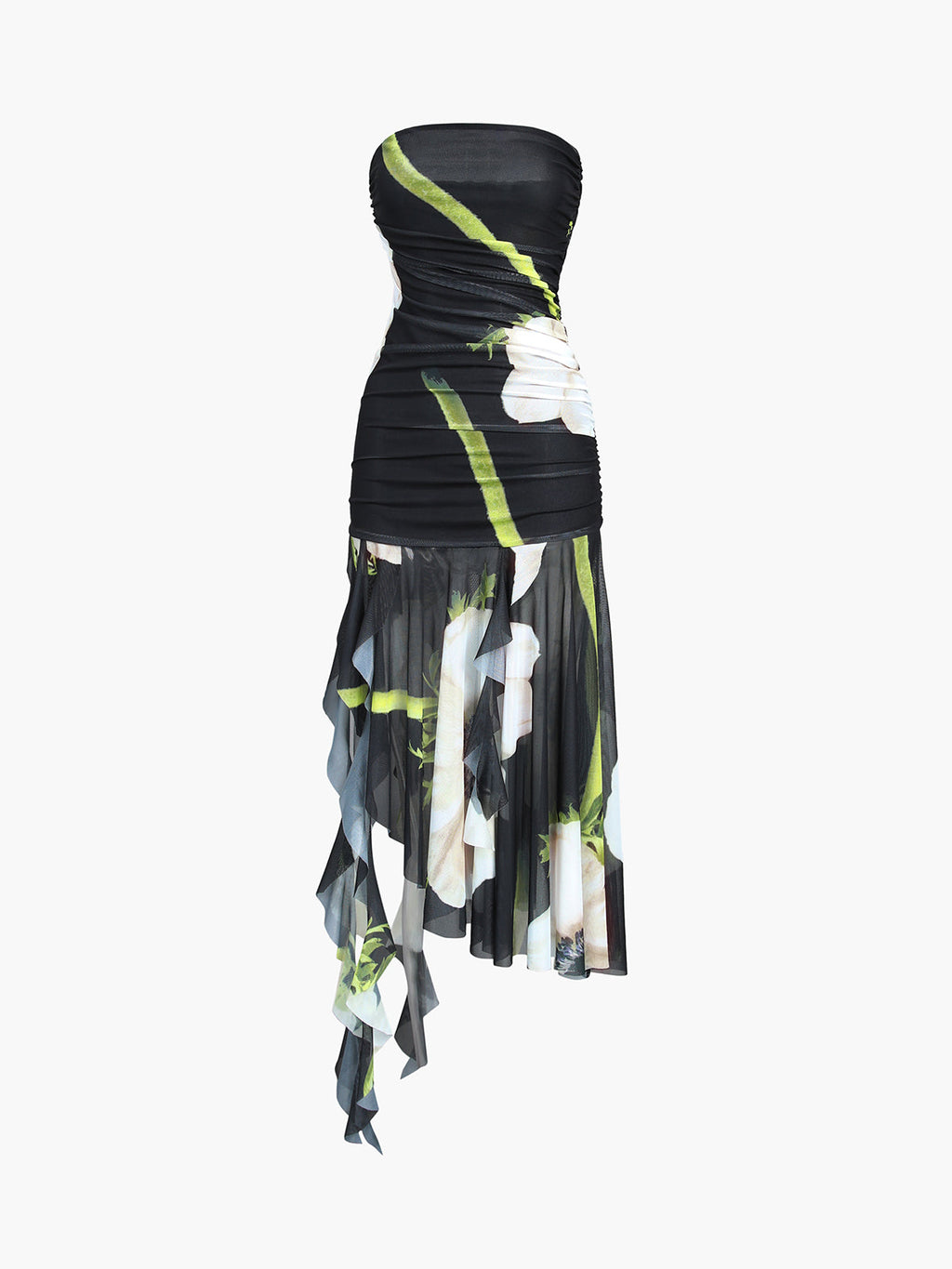 Gardenia Floral Mesh Pleated Tube Midi Dress