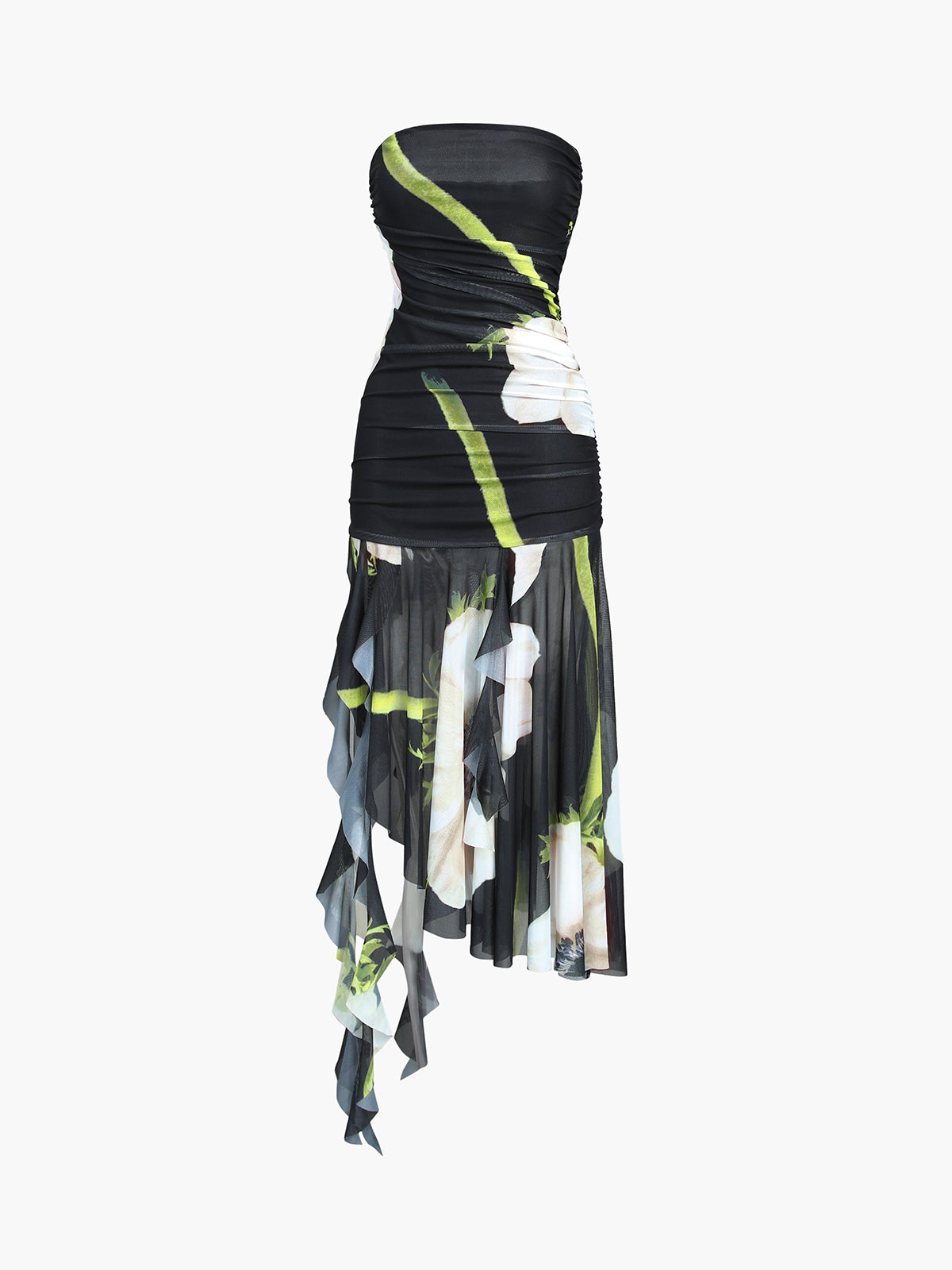 Gardenia Floral Mesh Pleated Tube Midi Dress