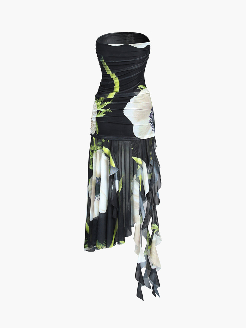 Gardenia Floral Mesh Pleated Tube Midi Dress