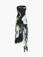 Gardenia Floral Mesh Pleated Tube Midi Dress