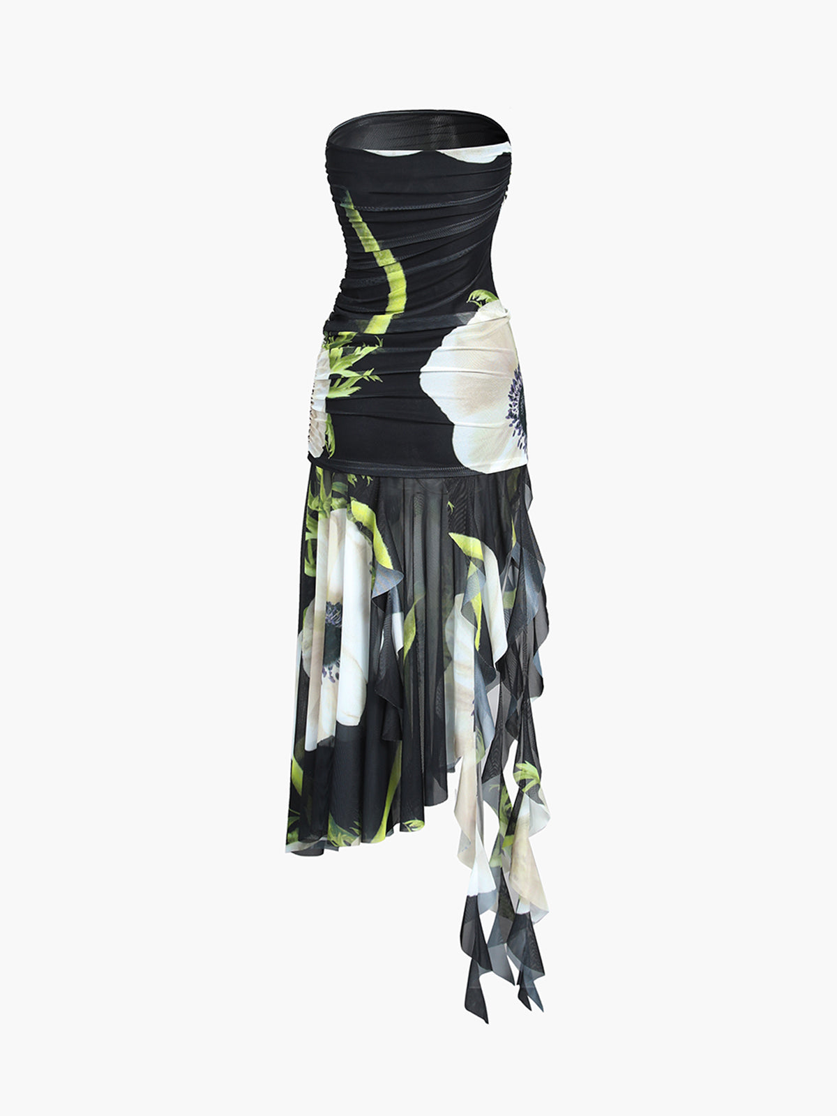 Gardenia Floral Mesh Pleated Tube Midi Dress