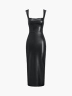 Chic Faux Leather Midi Dress with Bodycon Fit